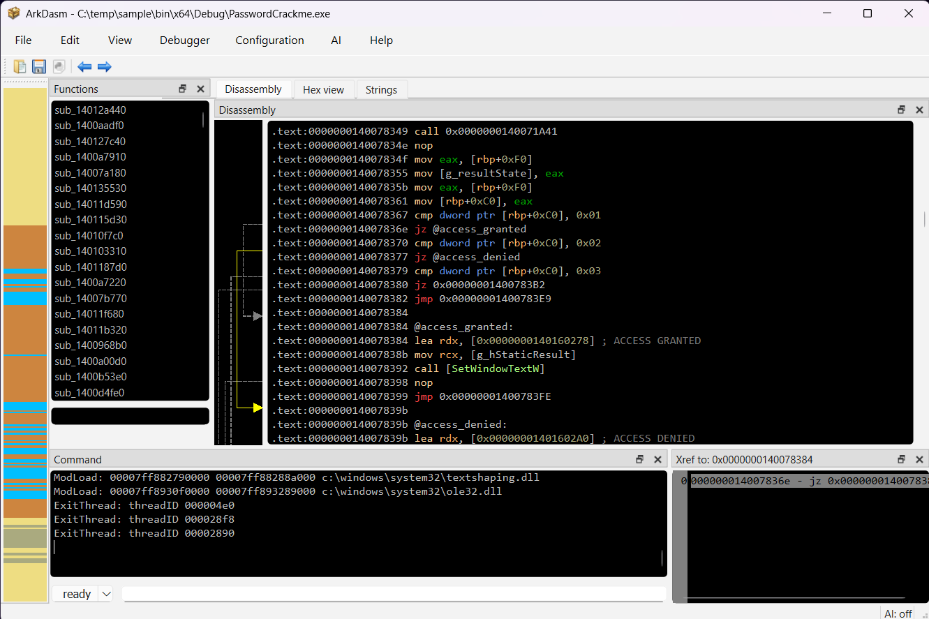 arkDasm disassembling a 64-bit executable: function list, disassembly with jump arrows, command log and cross-references