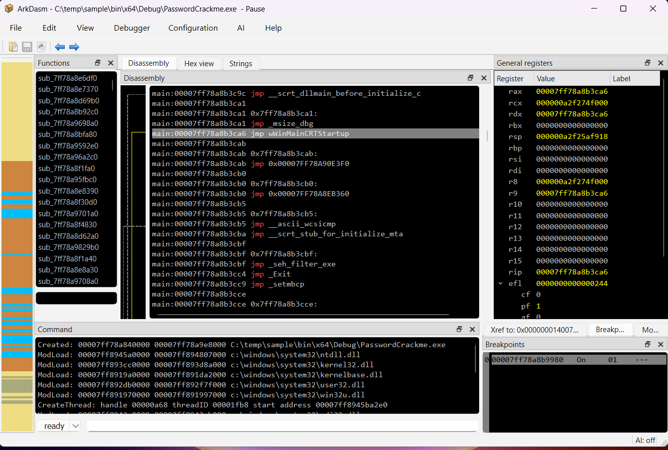 arkDasm's local debugger: breakpoints, register and memory views on a live process